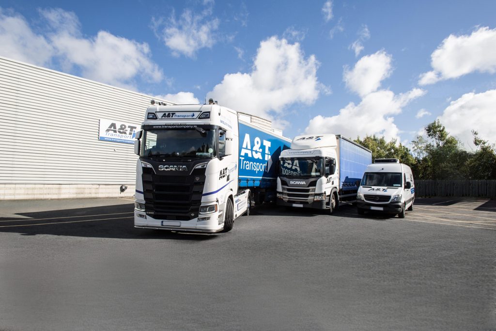 A&T Transport's diverse truck fleet, strategically located near Dublin Airport.